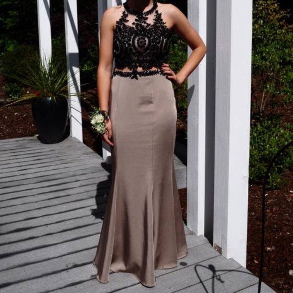 Tan/black two piece prom dress